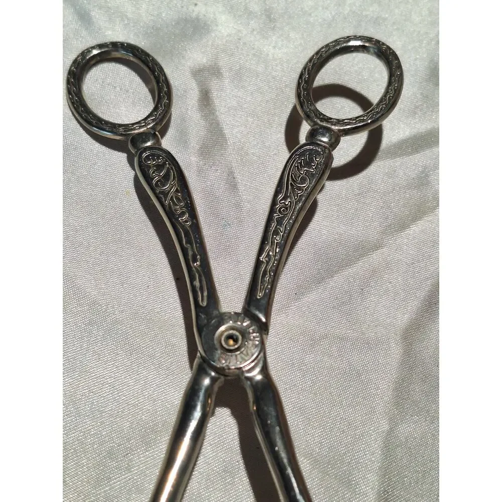 Vintage Silver Plate Scissor Pastry Tongs Engraved Cake Dessert Serving Utensil